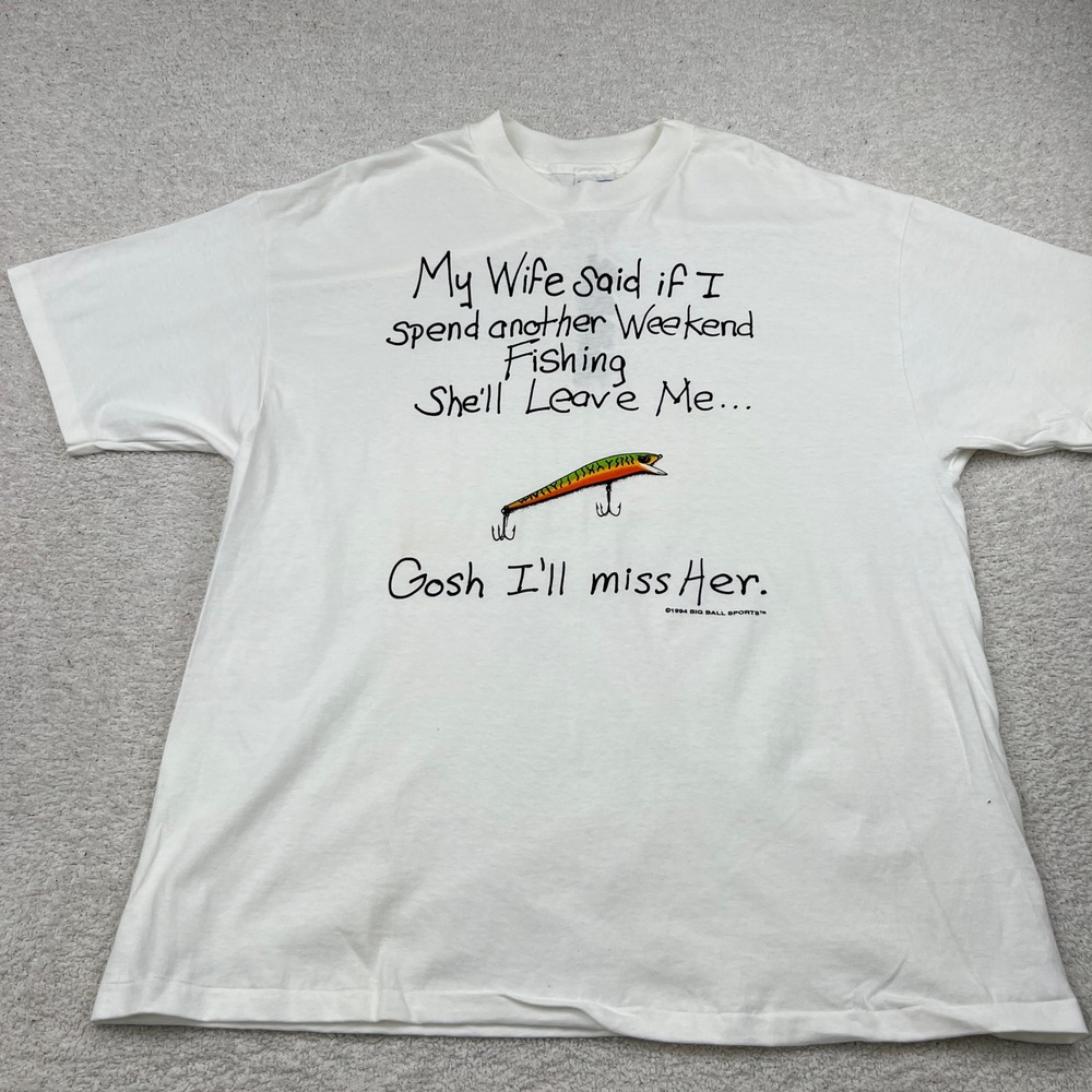 Vintage‎ 1994 Big Ball Sports Fishing Humor T-Shirt Hanes Beefy-T White XXL USA